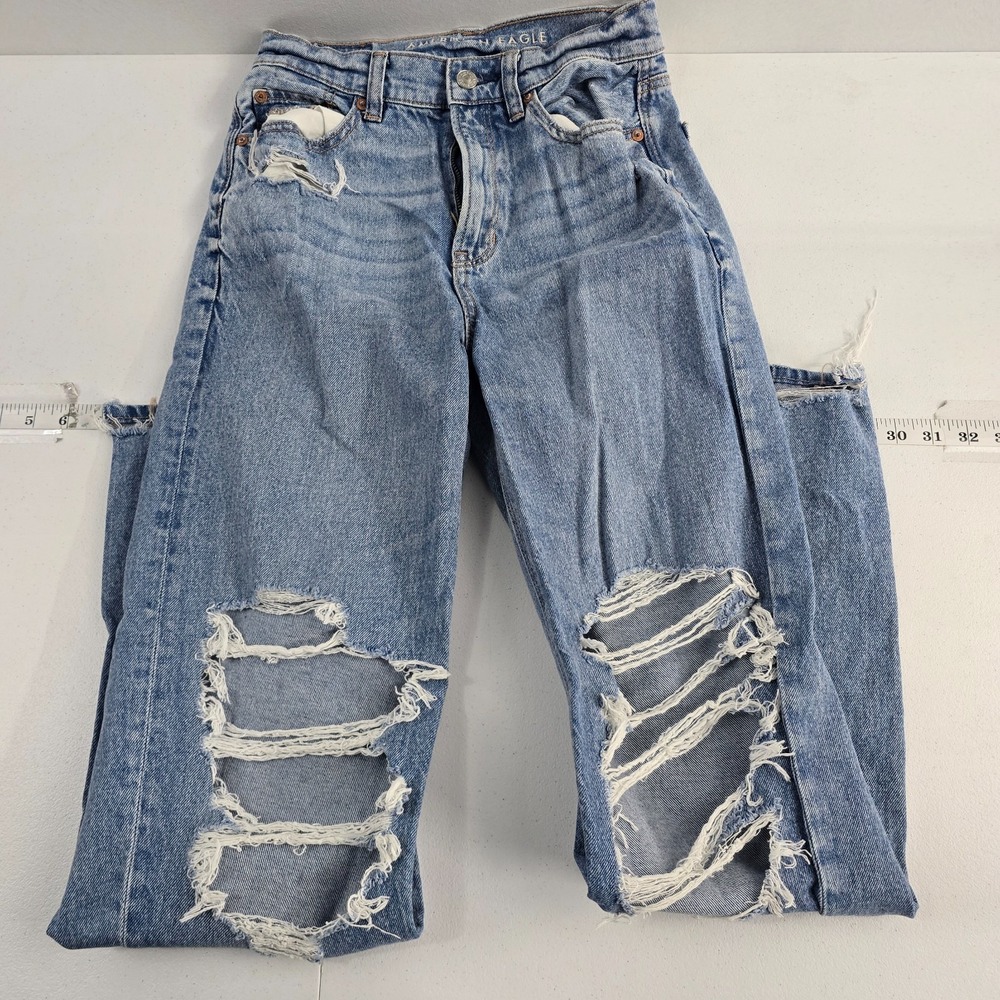 American‎ Eagle highest rise baggy straight jeans blue denim womens 7142 size 0